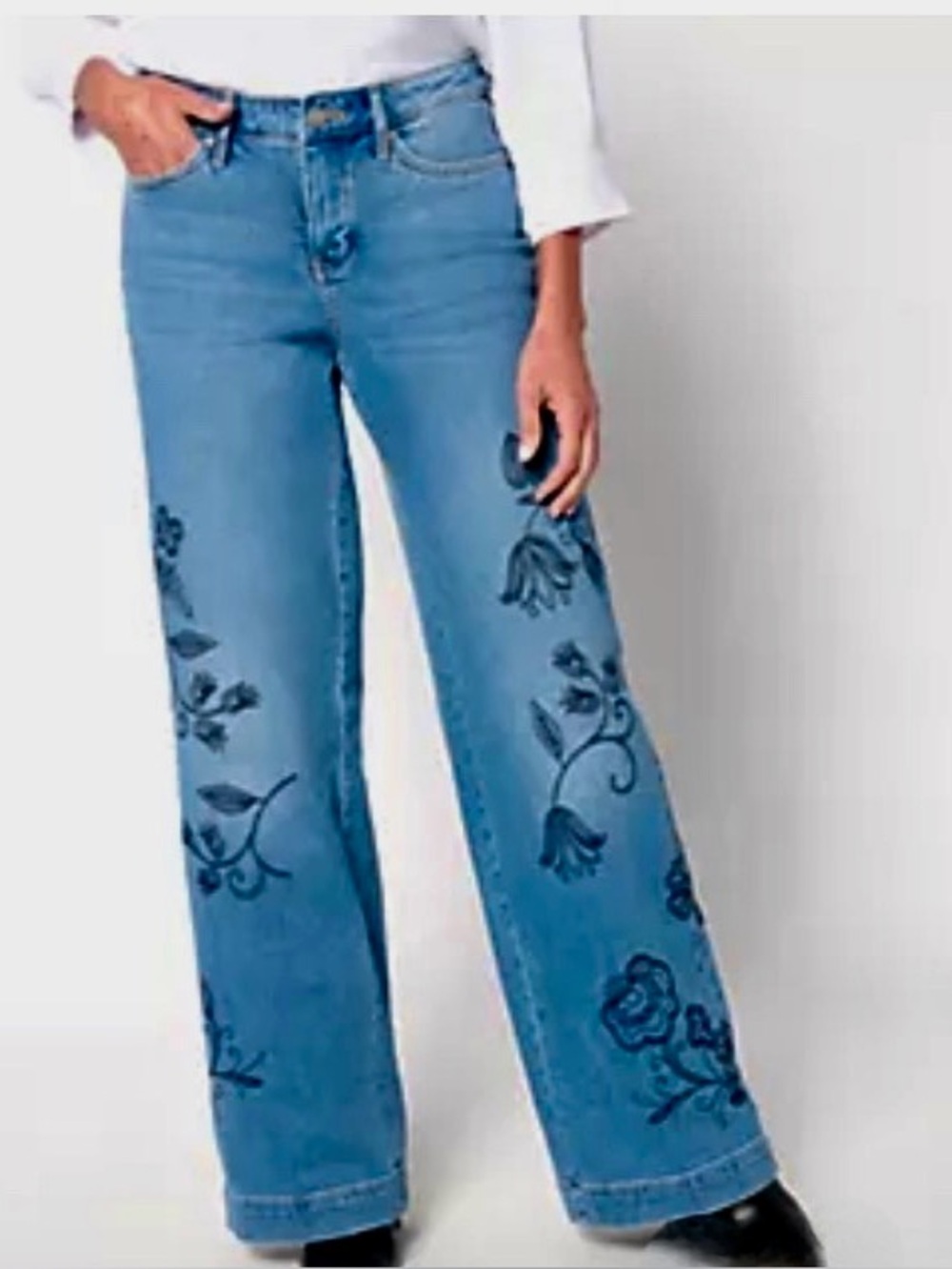 New NYDJ Teresa Wide-Leg Full-Length Embroidered Novetly Jeans / 16 Petite